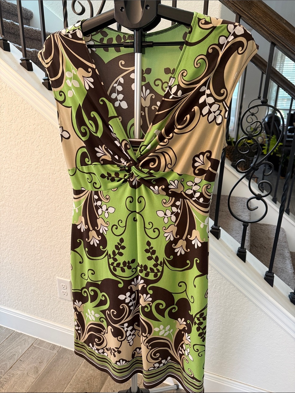 Green & Brown Twist-Front Floral Print Dress